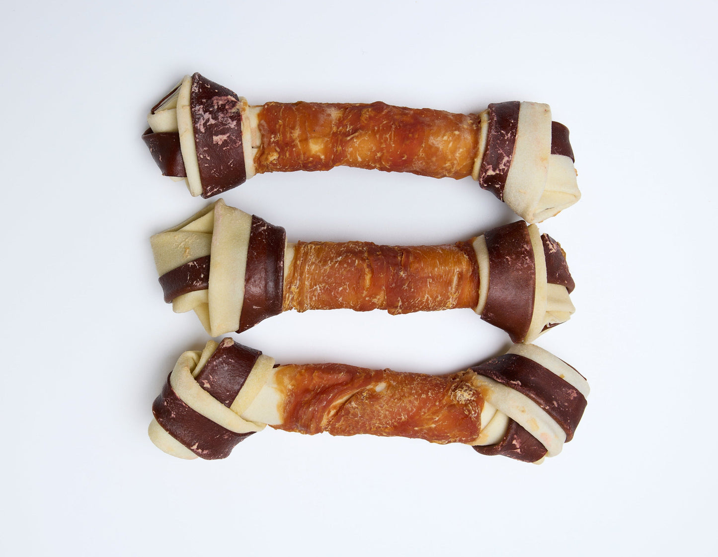 Multicolored knotted bone with chicken and beef, 6 pcs, 21 cm