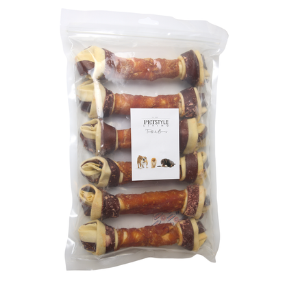 Multicolored knotted bone with chicken and beef, 6 pcs, 21 cm