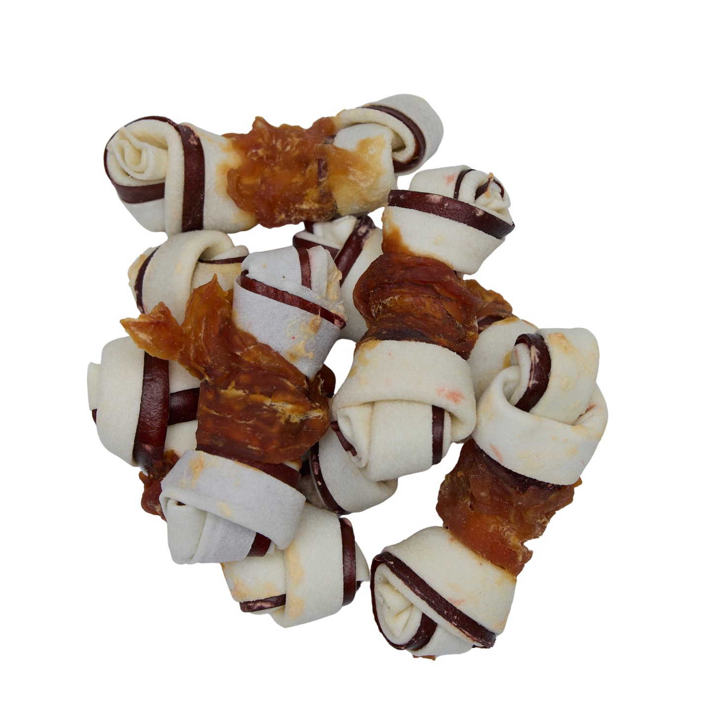 Multicolored knotted bone with chicken and beef, 25 pcs, 7,5 cm
