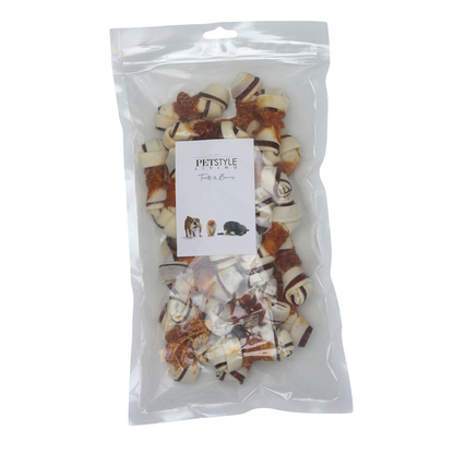 Multicolored knotted bone with chicken and beef, 25 pcs, 7,5 cm