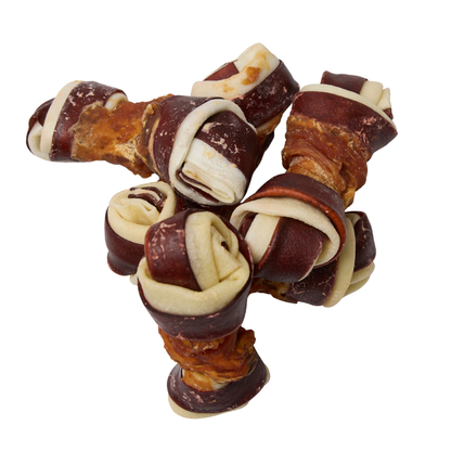 Multicolored knotted bone with chicken and beef, 20 pcs, 11 cm
