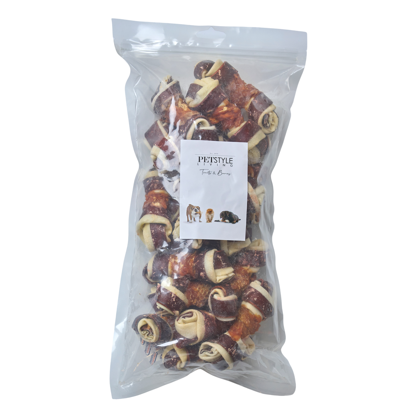 Multicolored knotted bone with chicken and beef, 20 pcs, 11 cm